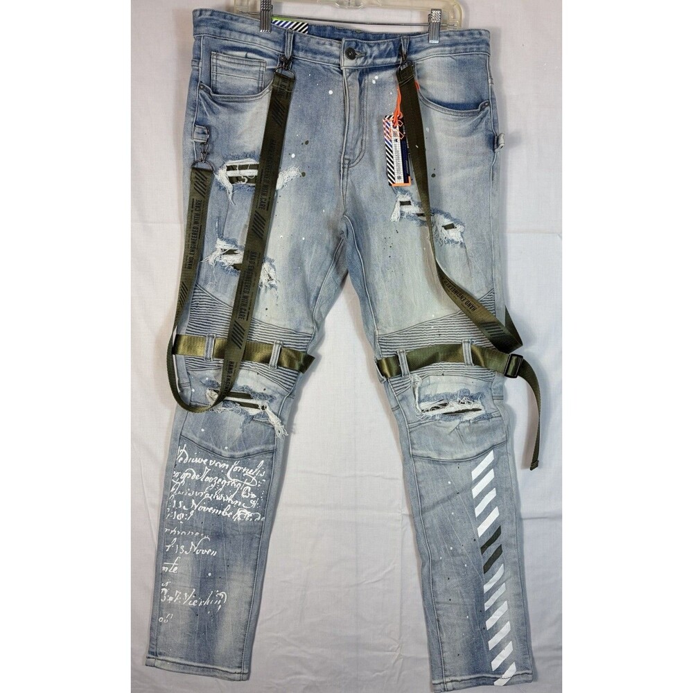 Smoke Rise Jeans Moto Distressed Suspender Light Wash Slim Taper Men’s 38x32 NWT